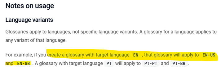 Screenshot of DeepL documentation explaining that glossaries apply to language variants, such as EN applying to both EN-US and EN-GB.
