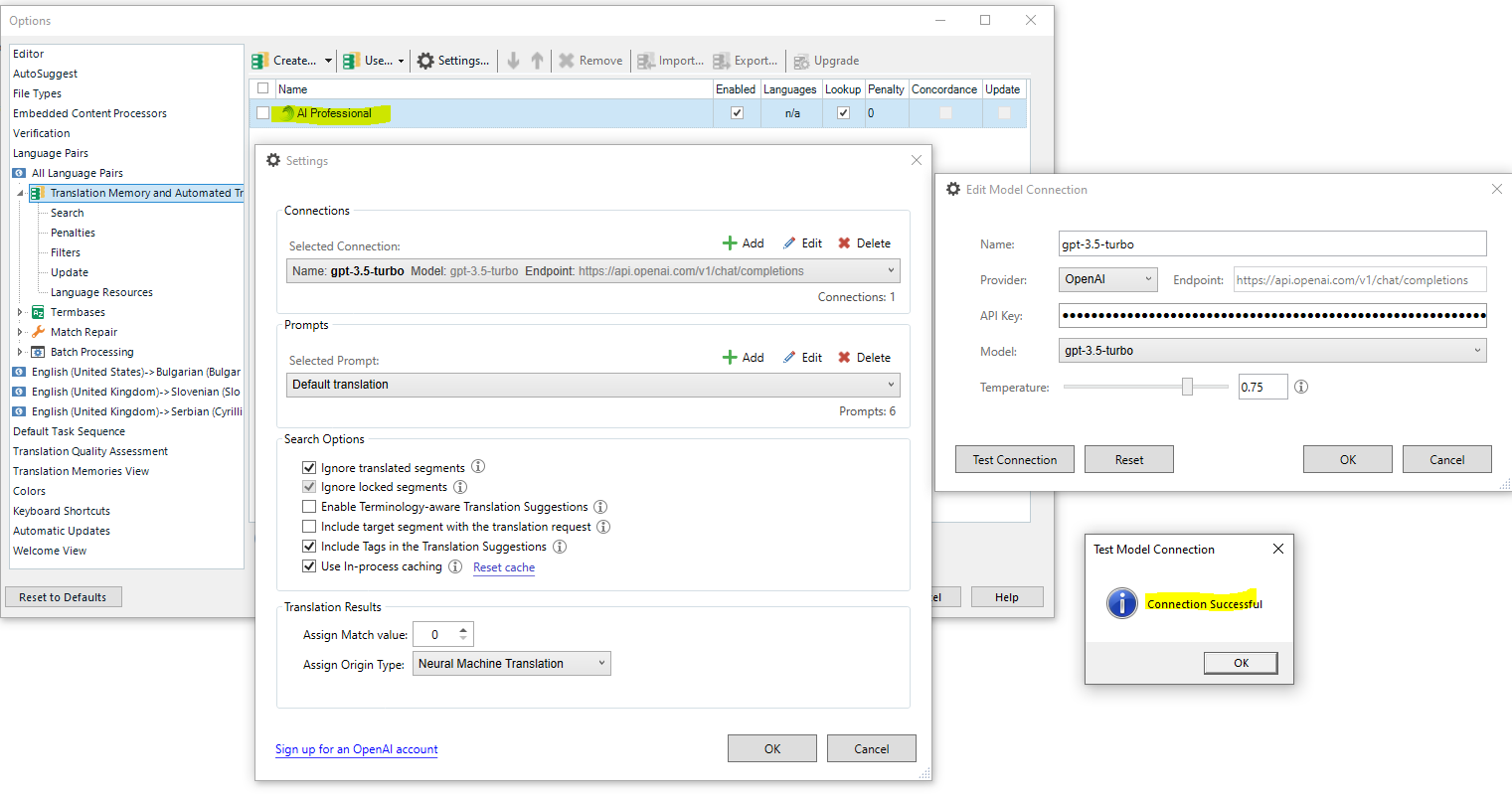 Trados Studio settings showing the gpt-3.5-turbo model connection under 'AI Professional' with options for prompts, search settings, and a highlighted message stating 'Connection Successful.'