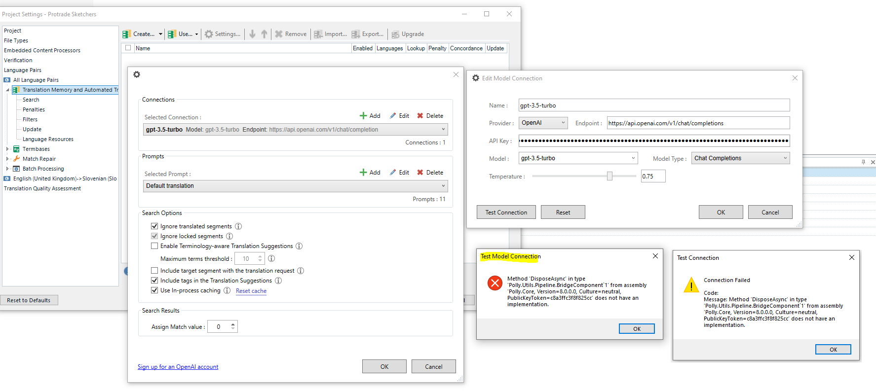Trados Studio settings showing the gpt-3.5-turbo model connection with options for prompts, search settings, and a highlighted error message stating 'Method DisposeAsync does not have an implementation.'