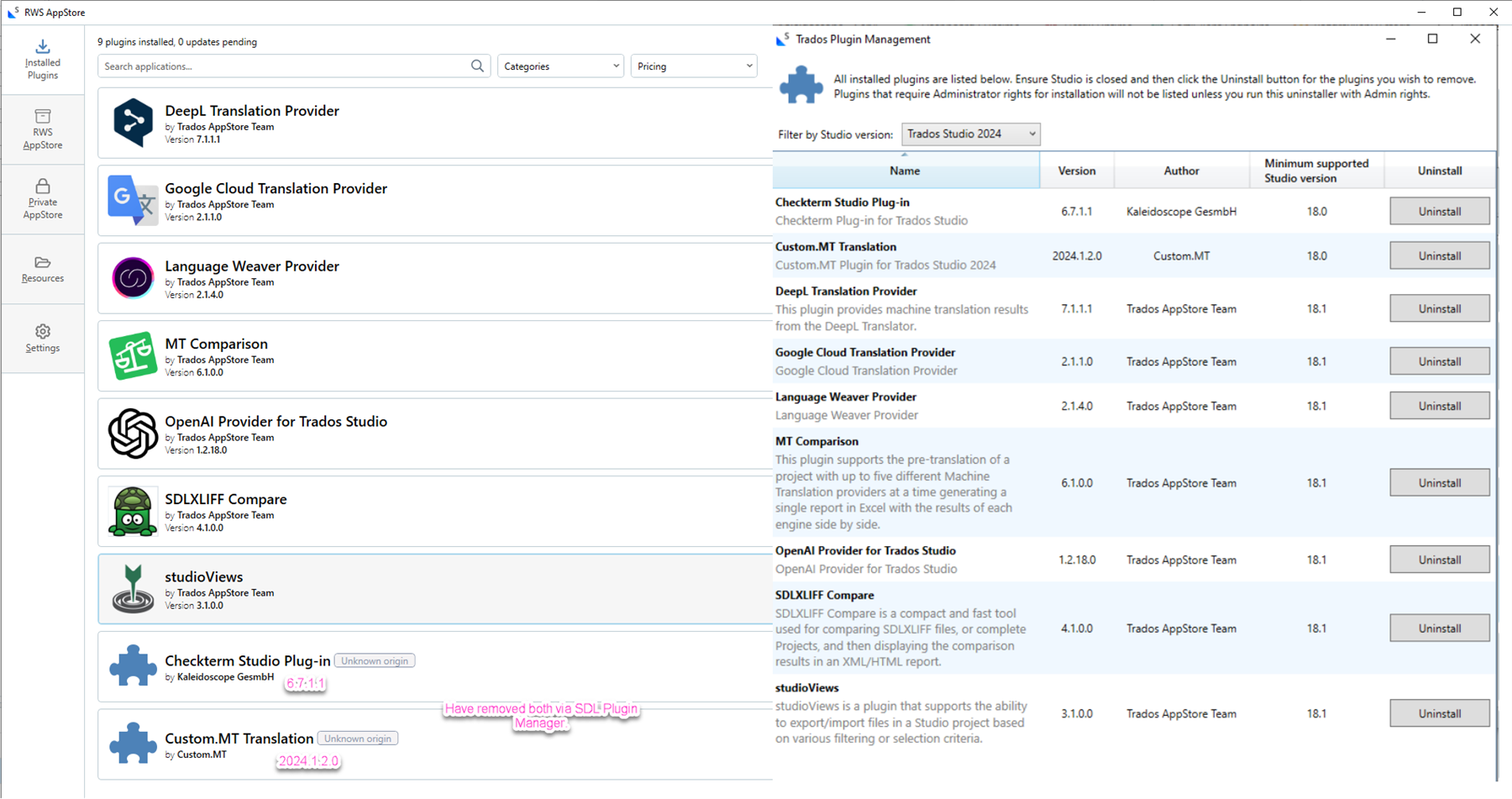 RWS AppStore interface showing 9 installed plugins, including DeepL Translation Provider, Google Cloud Translation Provider, and Custom.MT Translation with 'Unknown origin' label.