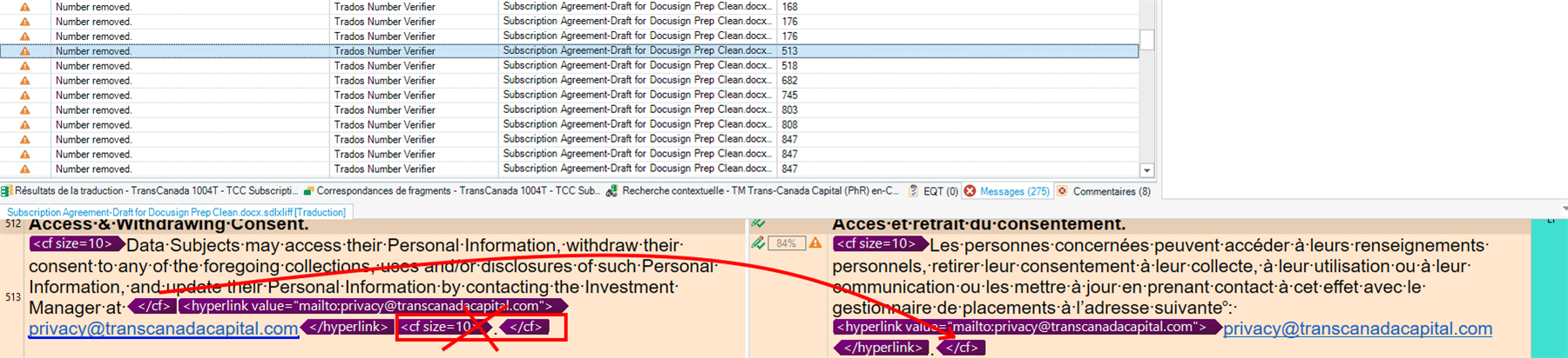 Screenshot showing a list of warnings in Trados Number Verifier, with messages like 'Number removed' and corresponding file names and line numbers.