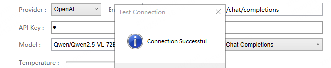 A screenshot showing the OpenAI provider plugin connection setup with a 'Connection Successful' message in a popup window.