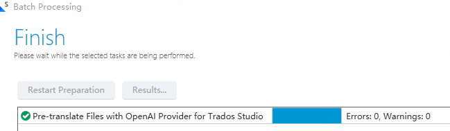 A screenshot of the batch processing completion screen, showing 'Finish' with no errors or warnings and a green checkmark for pre-translation.