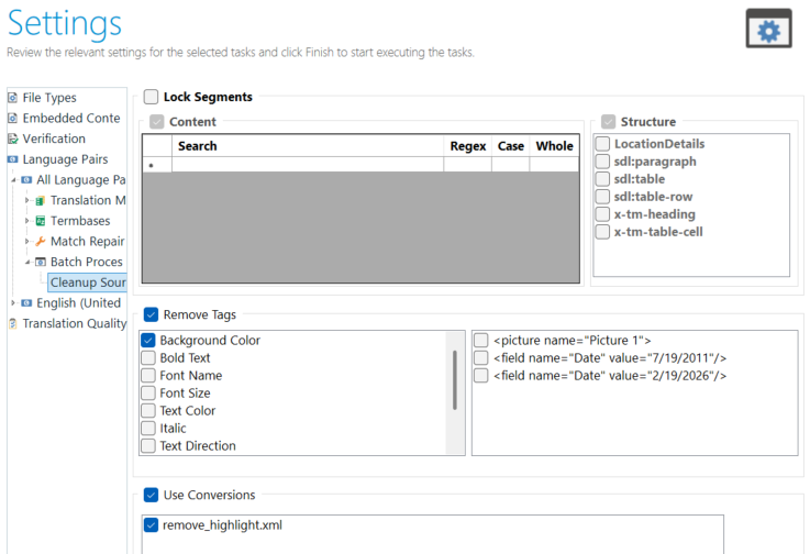 Screenshot of the 'Settings' window with options for 'Cleanup Source' task. Includes checkboxes for 'Remove Tags' and 'Use Conversions', and a list of tag types like 'Background Color' and 'Bold Text'.