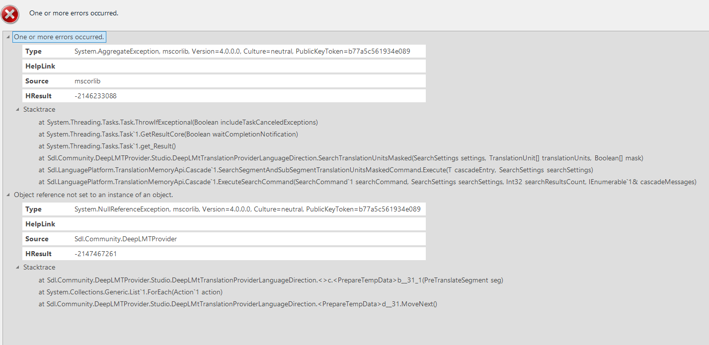 Error message window showing 'One or more errors occurred' with details including System.AggregateException and System.NullReferenceException, stack trace, and HRESULT codes.