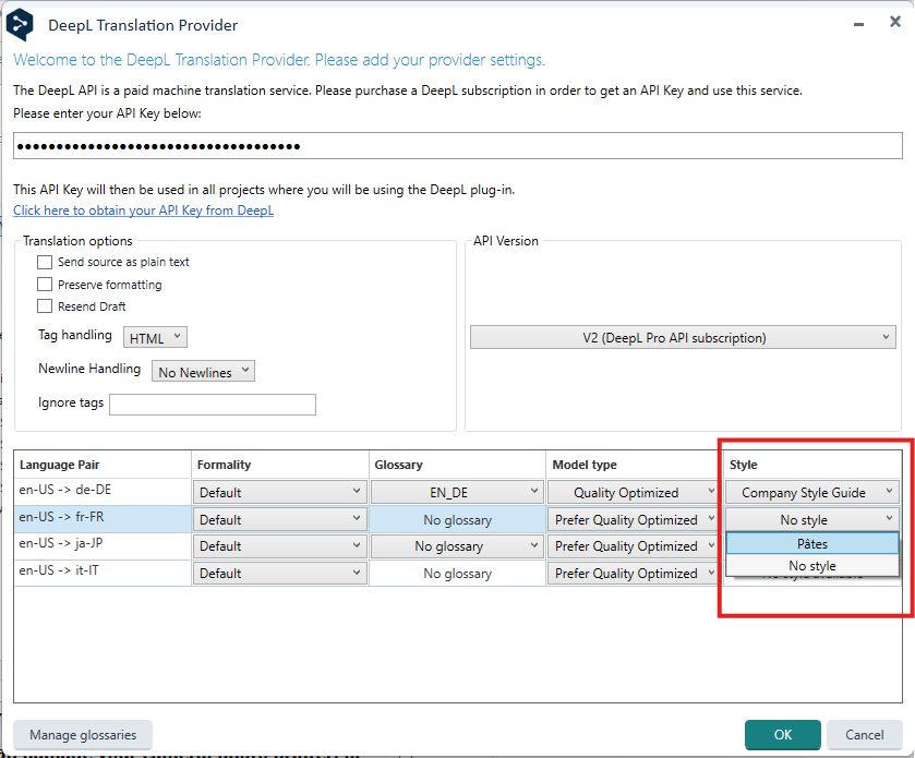 DeepL Translation Provider settings window showing API key input, translation options, and language pair configurations. Style dropdown highlighted with options like 'No style' and 'P tes'.