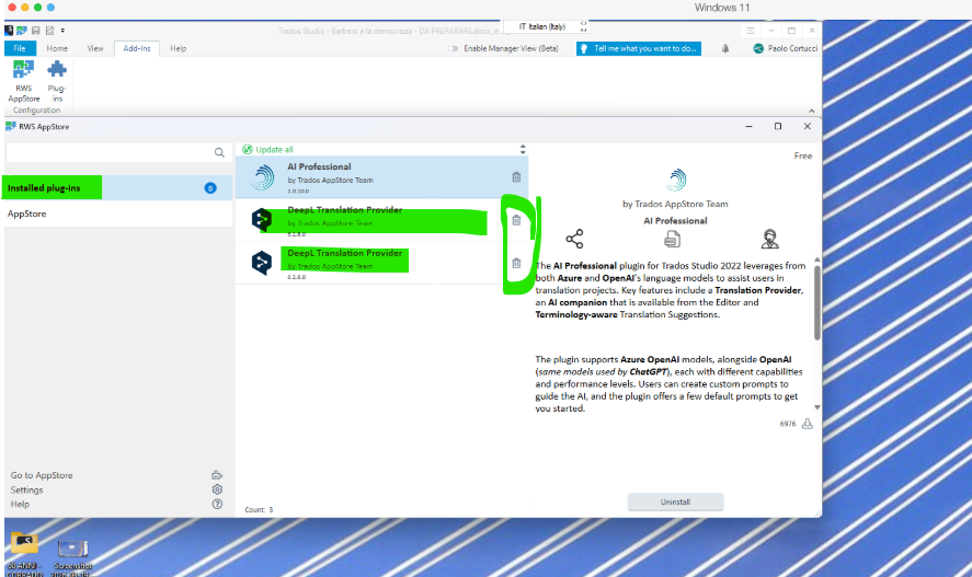 Screenshot of the RWS AppStore interface showing installed plug-ins. Two instances of 'DeepL Translation Provider' are highlighted with green, and delete icons are circled.