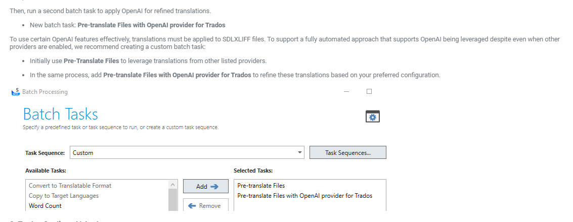 Screenshot of the Batch Tasks section in the RWS AppStore application, showing a custom task sequence with 'Pre-translate Files' and 'Pre-translate Files with OpenAI provider for Trados' selected.