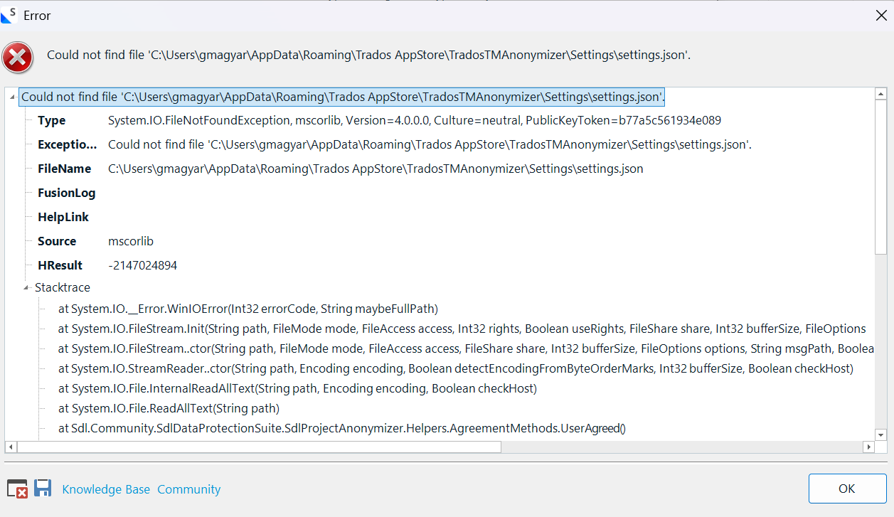 Error dialog showing 'Could not find file C:UsersgmagyarAppDataRoamingTrados AppStoreTradosTMAnonymizerSettingssettings.json' with details including exception type, message, and stack trace.