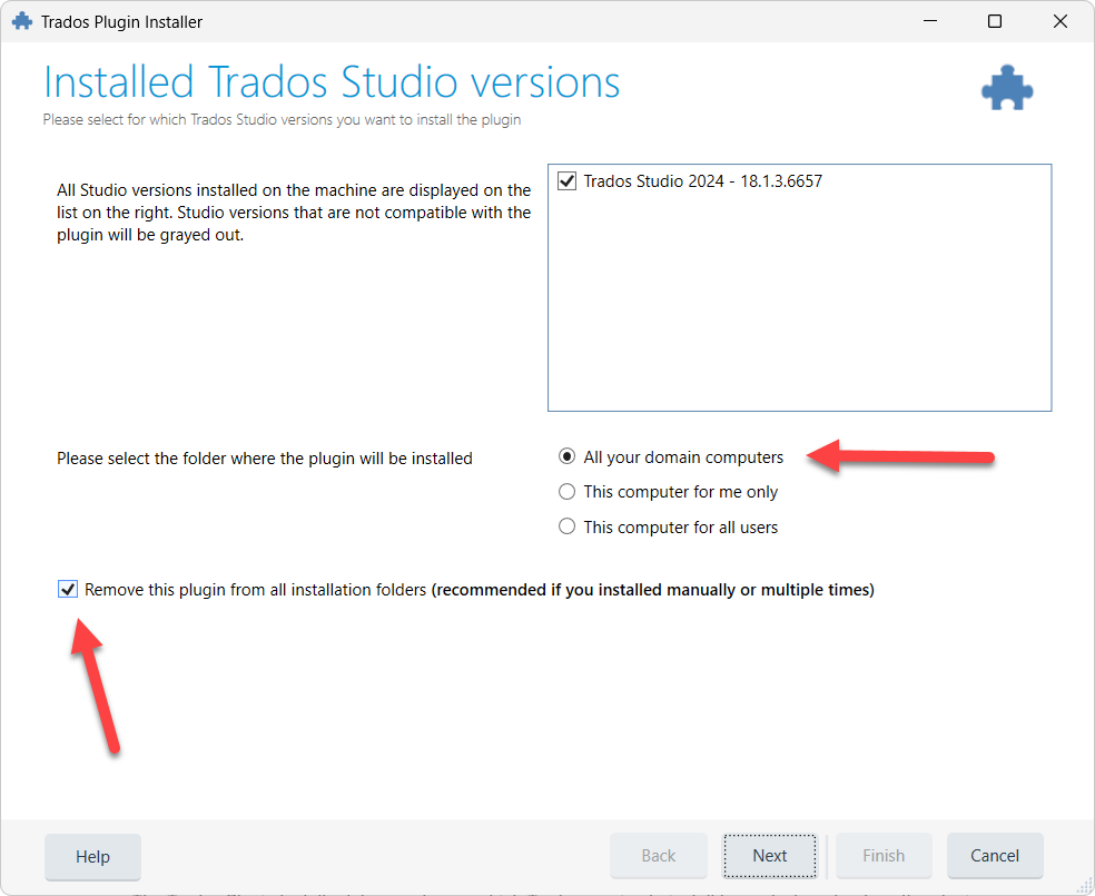 Trados Plugin Installer window showing options for Trados Studio versions and plugin installation locations. 'All your domain computers' and 'Remove this plugin' are highlighted with red arrows.