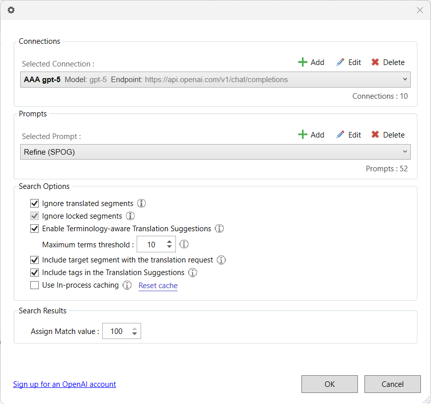 Connections and Search Options window showing selected connection 'AAA gpt-5', selected prompt 'Refine (SPOG)', and various search options including terminology-aware suggestions and match value set to 100.