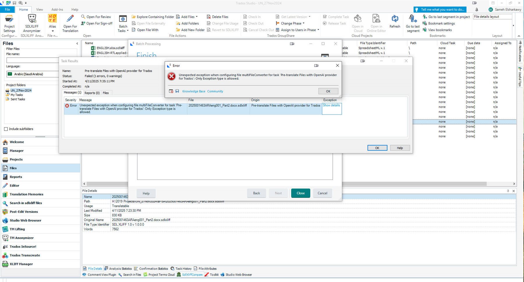 Screenshot of Trados Studio error message: 'Unexpected exception when configuring file multiFileConverter for task Pre-translate Files with OpenAI provider for Trados: Only Exception type is allowed.'