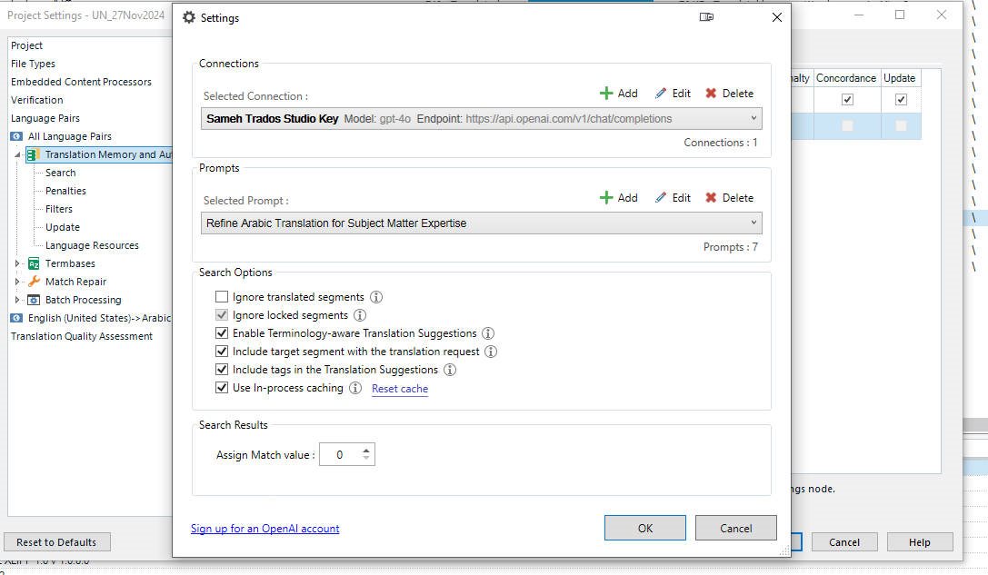 Screenshot of Trados Studio settings window showing OpenAI connection settings with a prompt for refining Arabic translation.
