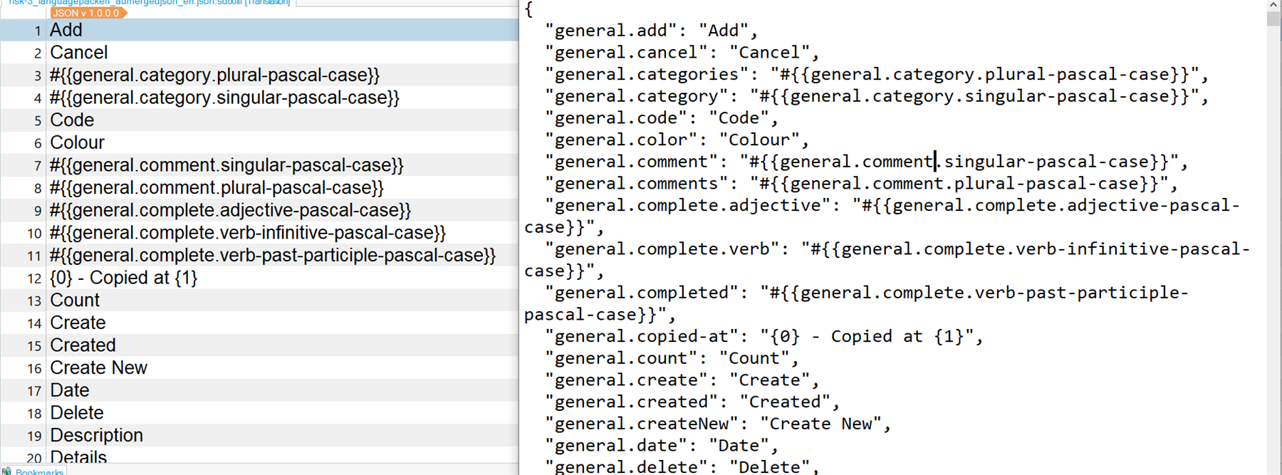 Screenshot of Trados Studio showing a JSON file with text strings and placeholders. The left side displays the source text, and the right side shows the corresponding translation keys.