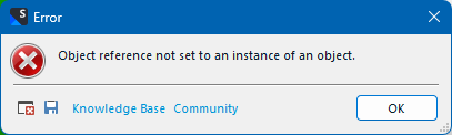 Error dialog box in Trados Studio with a red cross icon displaying the message 'Object reference not set to an instance of an object.' with Knowledge Base and Community buttons and an OK button.