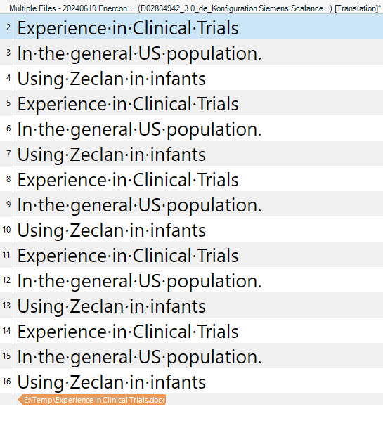 Screenshot of a text document with repeated lines mentioning 'Experience in Clinical Trials' and 'In the general US population' with colons inserted within words.