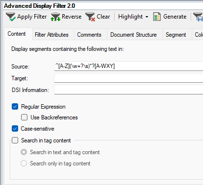 Screenshot of the 'Advanced Display Filter 2.0' interface with a regex pattern entered in the 'Source' field and options selected for regular expression, case-sensitive, and search in text.