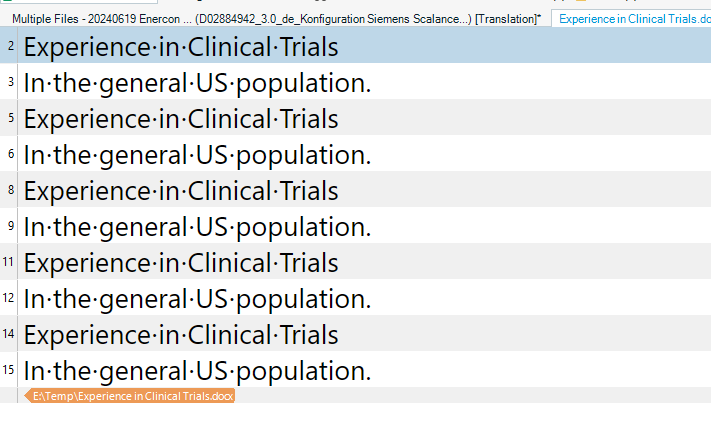 Screenshot after applying the regex filter showing fewer lines of text, with the same phrases about clinical trials and US population as before, indicating the filter's effect.