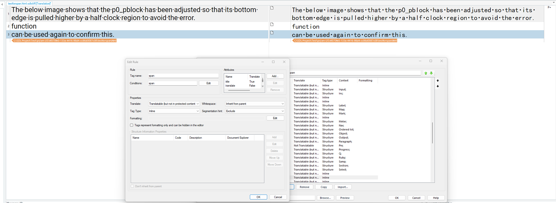 Comparison view in Trados Studio showing segmentation of text into three parts due to 'Exclude' segmentation hint for 'span' tag.