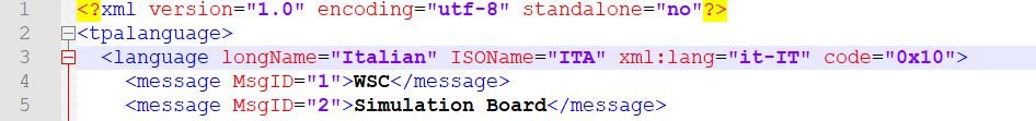 XML code snippet with declaration and a 'tplanguage' element containing a 'language' element for Italian with attributes for language name, ISO name, and language code.