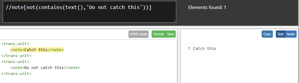 Screenshot of Trados Studio showing an XPath query and the XML file with two trans-unit elements, one being highlighted as a result of the query.