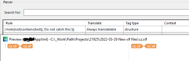 Screenshot of Trados Studio parser settings displaying the XPath rule, its translation setting as 'Always translatable', and the tag type as 'structure'.