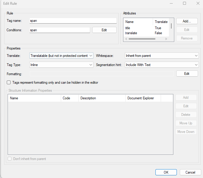 Screenshot of an 'Edit Rule' dialog box in Trados Studio with 'span' selected, showing properties and segmentation hint set to 'Include With Text'.