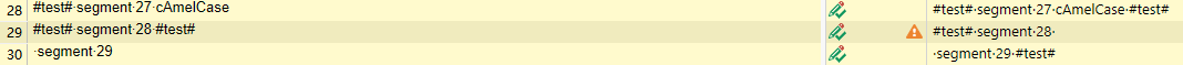 Trados Studio interface showing a comparison between source and target texts with a missing '#test#' in the translation.