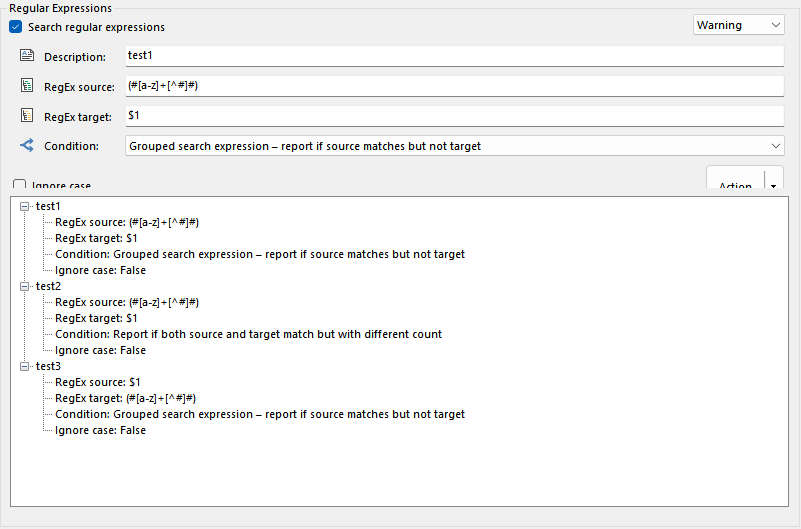 Trados Studio regular expressions search settings with a warning for 'test1' condition to report if source matches but not target.