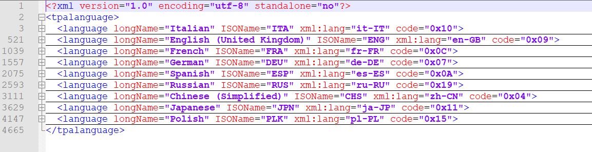 XML code snippet showing multiple 'language' elements within a 'tplanguage' element, including languages like Italian, English (UK), French, German, Spanish, Russian, Chinese (Simplified), Japanese, and Polish.