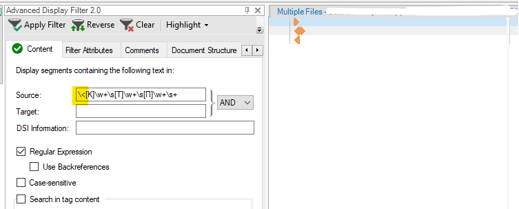 Close-up of Trados Studio Advanced Display Filter 2.0 window showing a regular expression search query in the Source field with no visible results or highlights in the Multiple Files tab.