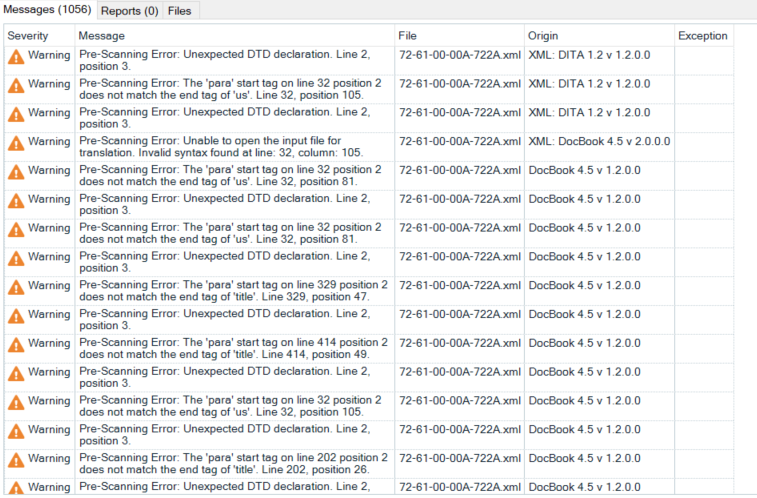 Screenshot of Trados Studio showing a list of pre-scanning errors and warnings related to unexpected DTD declaration and 'para' start tag issues in XML files.