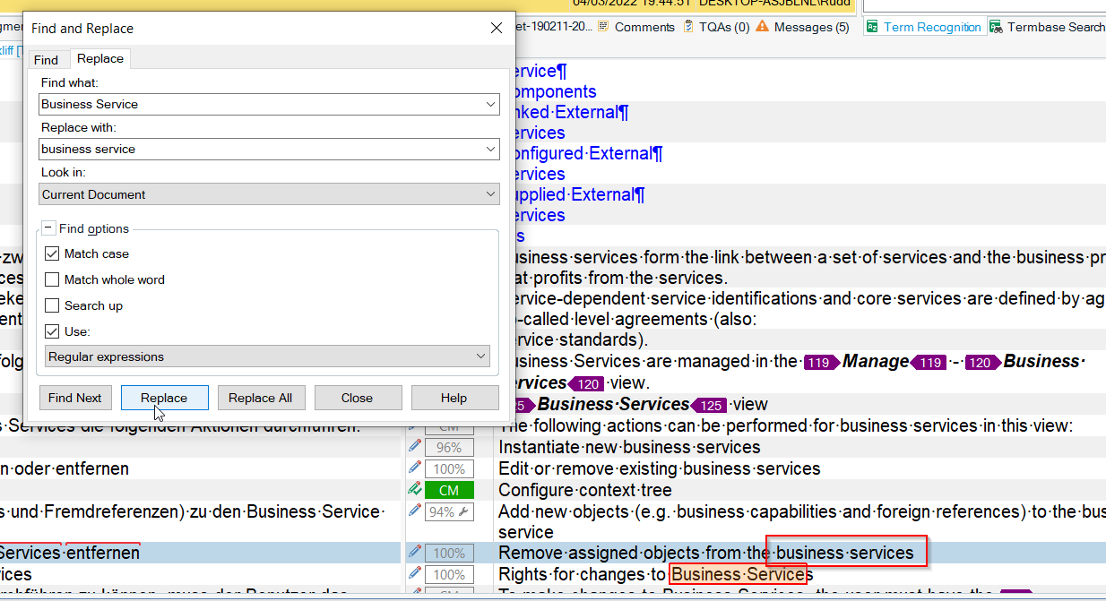 Trados Studio screenshot with the Find and Replace dialog open. 'Business Service' is in the Find field, 'business service' in the Replace field, without Match Case. Text instances are highlighted in red.