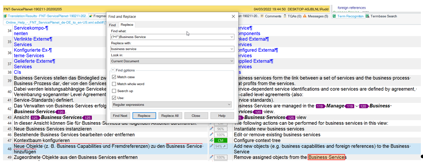 Trados Studio screenshot showing the Find and Replace dialog with 'Business Service' in the Find field, 'business service' in the Replace field, and Match Case enabled. No changes are highlighted in the text.