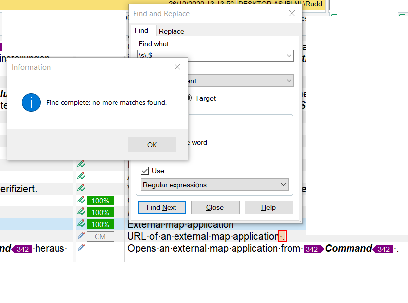 Trados Studio Find and Replace dialog box with an information popup saying 'Find complete: no more matches found.' Regex search for space-period at line-end does not match tagged term.