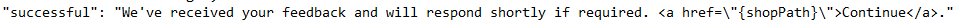 Screenshot displaying JSON code with a hyperlink tag within the text, indicating a potential translation handling issue.