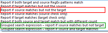 Screenshot of Trados Studio showing a list of conditions for regex patterns with 'Grouped search expression - report if source matches but not target' highlighted in green and 'Report if source matches but not the target' highlighted in red.