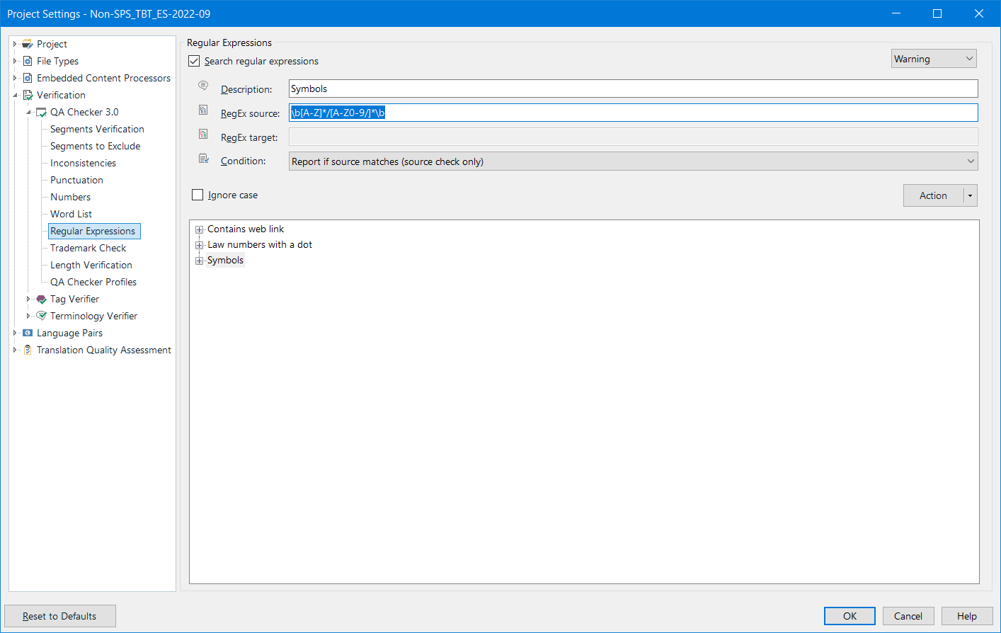 Trados Studio project settings window showing Regular Expressions verification with a warning for the regex pattern designed to flag strings with capital letters and numbers.