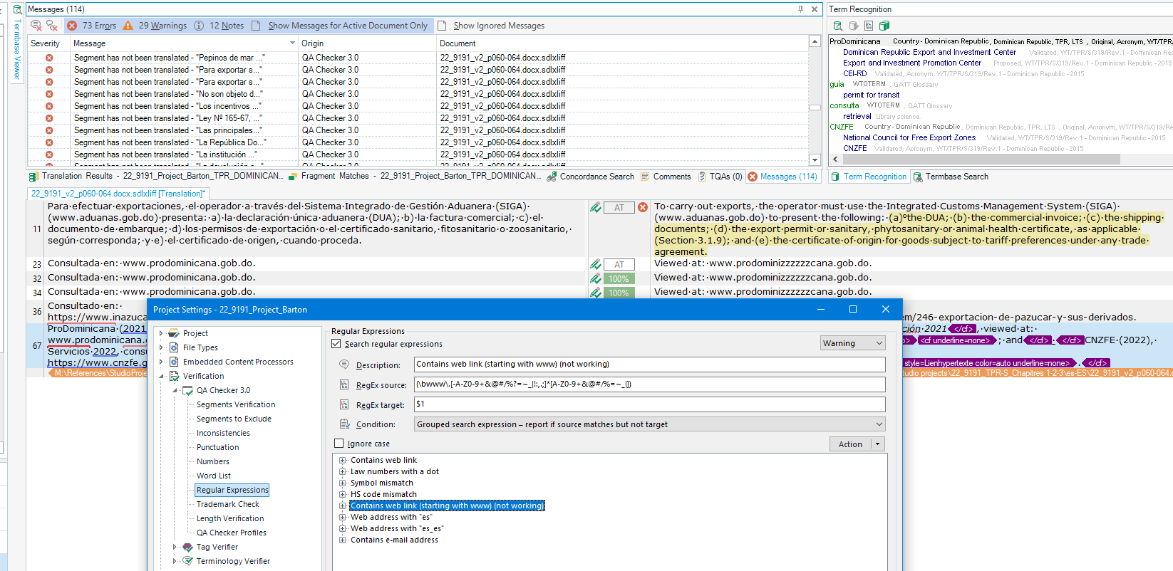 Screenshot of Trados Studio showing QA Checker 3.0 with errors and warnings. The Regular Expressions settings are highlighted, showing a rule for 'Contains web link (starting with www)' that is not working as intended.