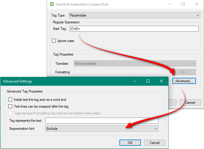 Trados Studio dialog box for adding or editing an embedded content rule with fields for Tag Type, Regular Expression, Start Tag, and Advanced Settings. Arrows point to 'OK' and 'Advanced...' buttons.