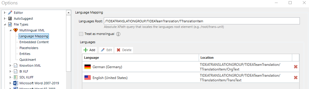 Trados Studio Language Mapping settings showing Languages Root field with an XPath query and two language mappings for German and English with error icons.