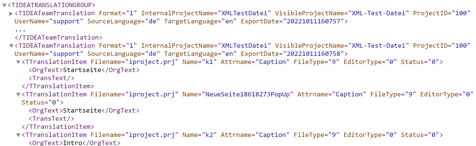 XML code snippet from Trados Studio with elements TIDEATeamTranslation and TTtranslationItem, attributes for format, project name, username, source and target languages.