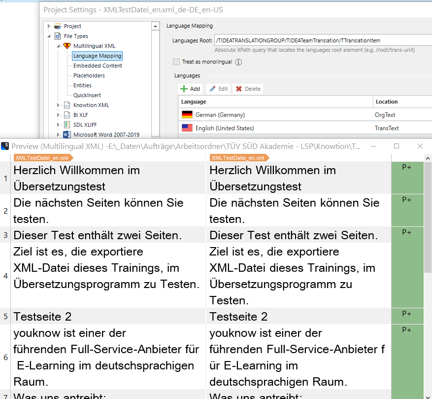 Trados Studio screenshot showing Project Settings with Language Mapping selected. Preview window displays German to English translation comparison with no visible errors.