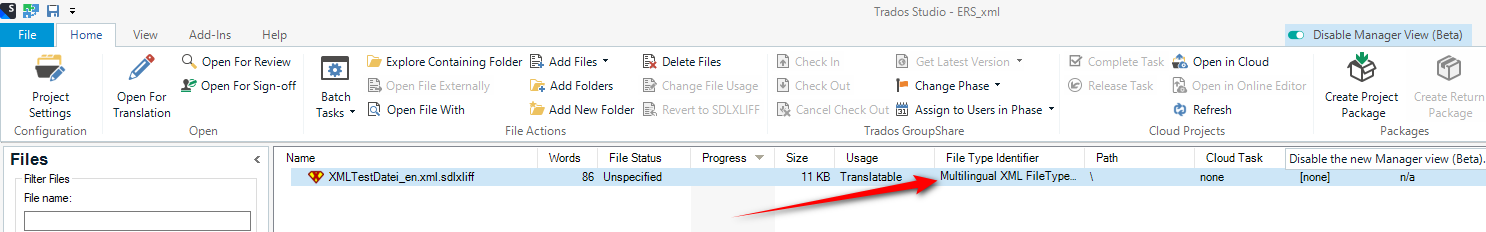 Trados Studio screenshot showing a file named 'XMLTestDatei_en.xml.sdlxliff' with a 'Translatable' status and 'Multilingual XML FileType' usage.