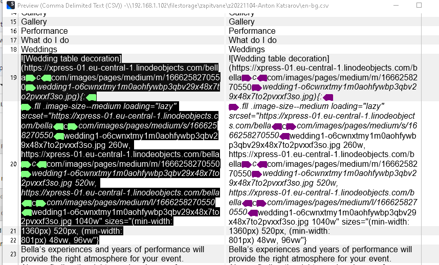 Screenshot of a CSV file opened in a text editor showing Markdown syntax with a focus on a line containing an image link and formatting code for a wedding table decoration.