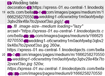 Close-up view of the CSV file highlighting the Markdown syntax for an image link related to wedding table decoration, surrounded by formatting code.