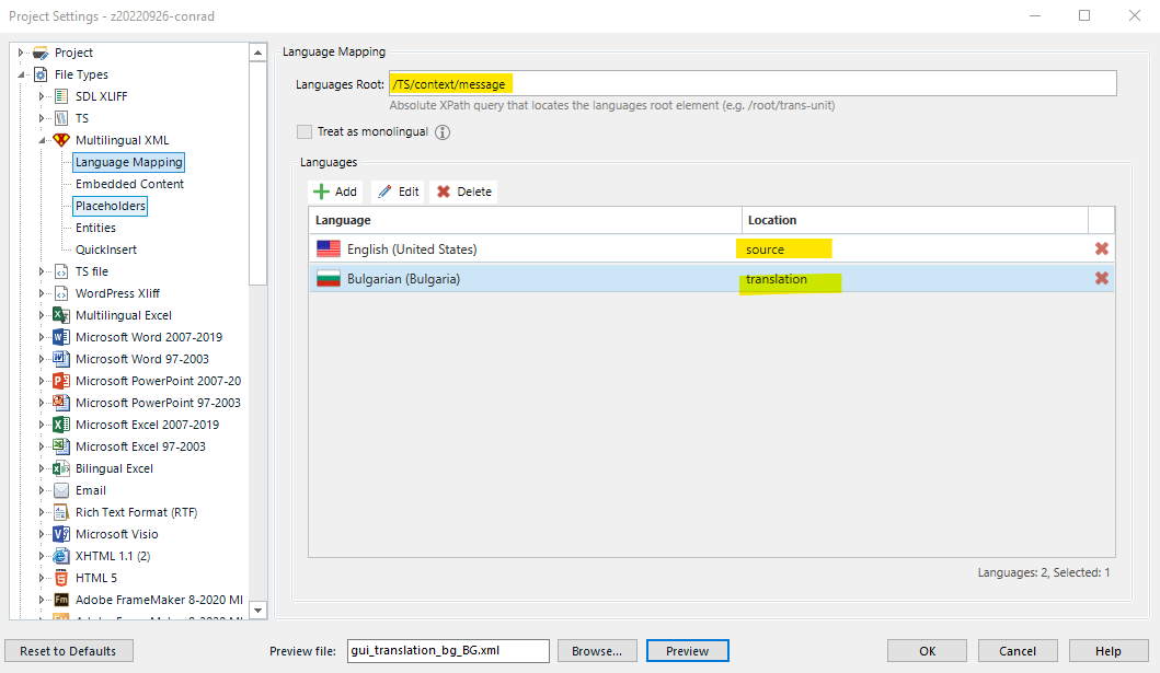 Trados Studio project settings window showing Language Mapping for Multilingual XML with English and Bulgarian languages selected.