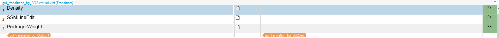 Trados Studio translation editor displaying source text 'Density' and 'Package Weight' without corresponding translations in Bulgarian.