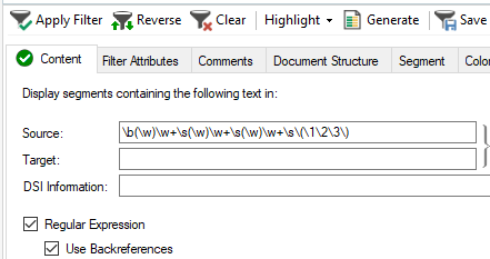 Trados Studio screenshot showing a filter settings window with a regex input for matching 3-letter acronyms and checkboxes for 'Regular Expression' and 'Use Backreferences' selected.