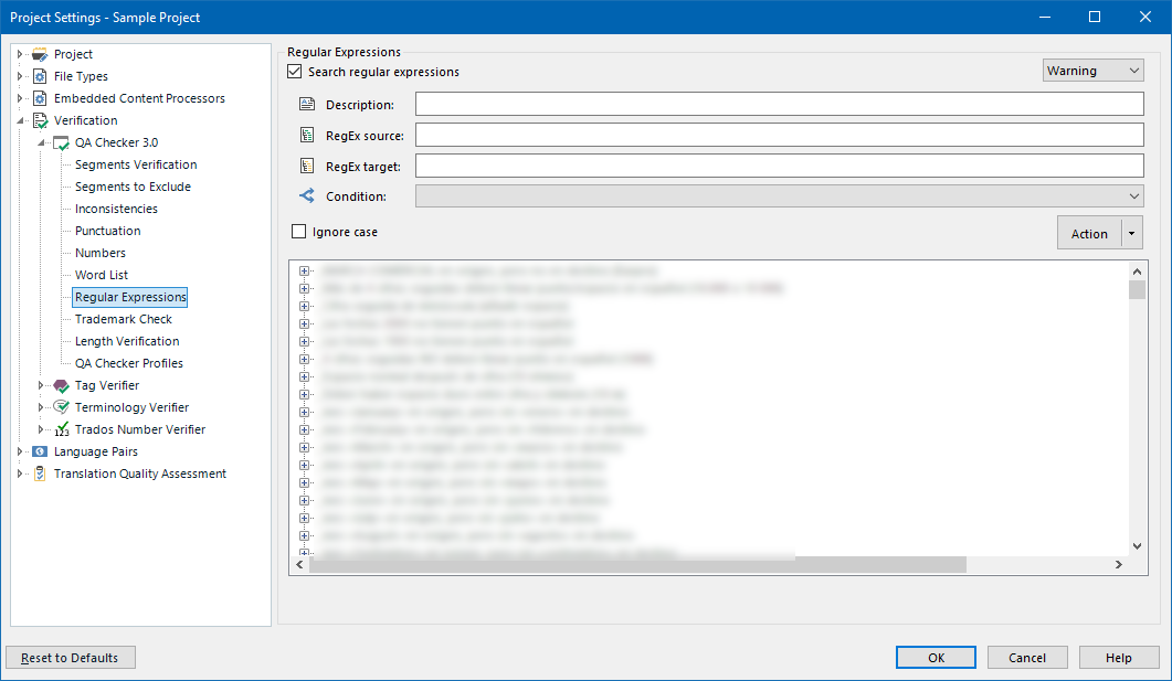 Trados Studio Project Settings window showing QA Checker 3.0 with Regular Expressions tab selected. A list of regex conditions is displayed with options to edit or add new ones.